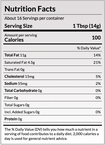 Nutrition Facts
About 32 Servings per container
Serving Size
1 Tbsp (14g)
Amount per serving
Calories
100
% Daily Value*
Total Fat 11g	15%
Saturated Fat 7g	36%
Trans Fat 0g	
Cholesterol 30mg	10%
Sodium 90mg	4%
Total Carbohydrate 0g	
Protein 0g	
Not a significant source of Dietary Fiber, Total Sugars, Added Sugars, Vitamin D, Calcium, Iron and Potassium.
The % Daily Value (DV) tells you how much a nutrient in a serving of food contributes to a daily diet. 2,000 calories a day is used for general nutrient advice.